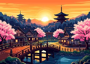 Japanese Village with Cherry Blossoms at Sunset