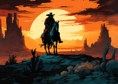 Cowboy on Horseback at Sunset