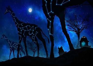 Constellation Giraffes in a Night Landscape
