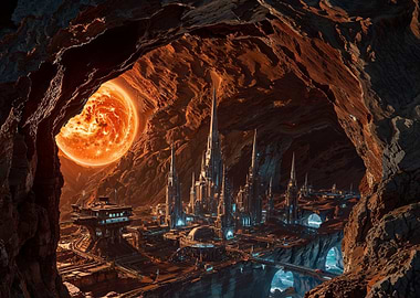 Futuristic Cityscape in Cave with Planet