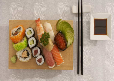 Sushi Platter with Chopsticks and Soy