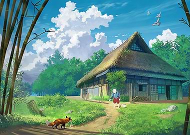 Rural Japanese Landscape with Thatched House