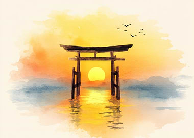 Japanese Torii Gate Watercolor Sunset