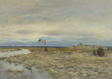 Landscape with Flying and Swimming Birds