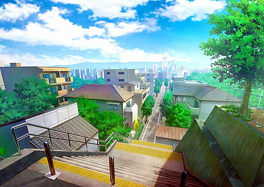 Anime-style cityscape from elevated stairs