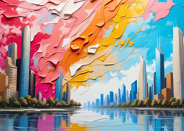 Colorful Cityscape Painting with Water Reflection