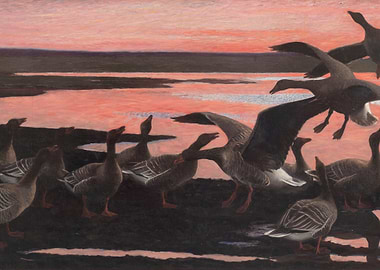Geese at Sunset Painting
