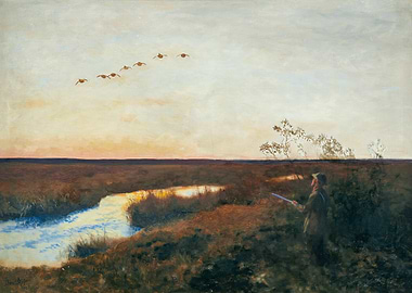 Hunter in Marsh with Flying Birds
