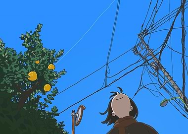 Anime-style girl looking at power lines