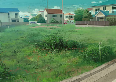 Anime-style Suburban Landscape with Green Field