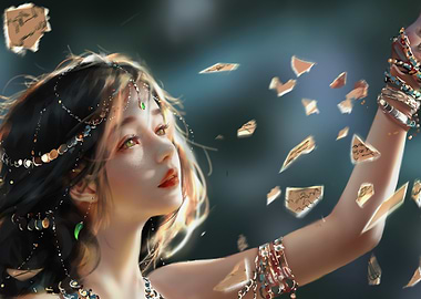 Enchanting Woman with Floating Paper Shards