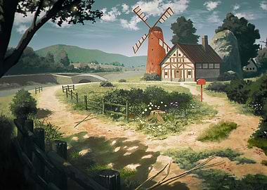 Anime Landscape with Windmill and House