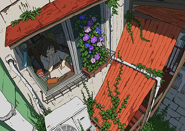 Girl Studying by Window with Morning Glories