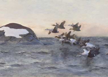 Flock of Birds Over Water Painting