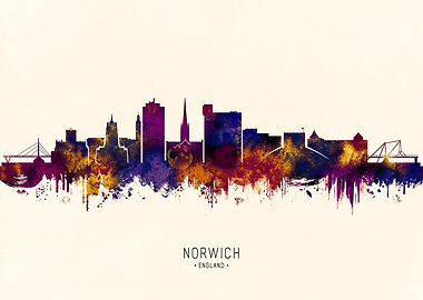 Norwich England Skyline Watercolor Silhouette