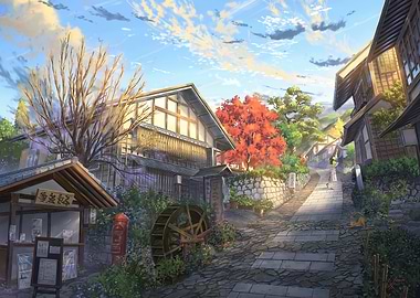 Japanese Village Street Scene Illustration