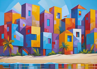 Colorful Beachfront Buildings Abstract Art