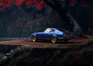 Blue Car Under Red Autumn Tree