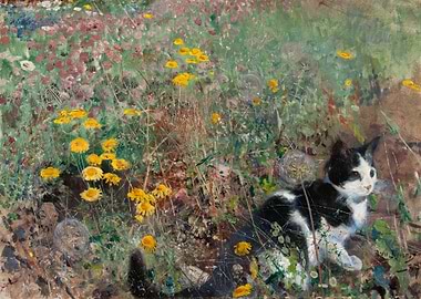 Cat in a Flower Garden Painting