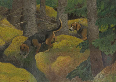 Two Dogs in Forest Painting