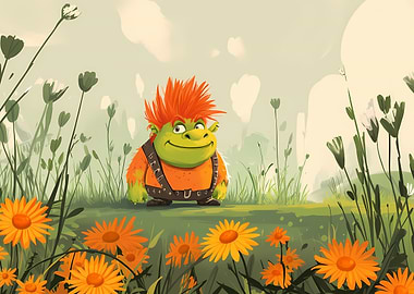 Cartoon Troll in a Flower Field