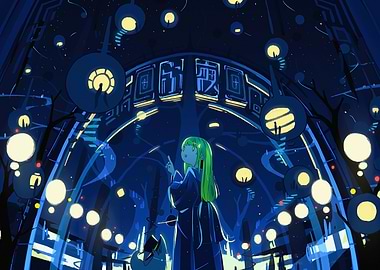 Anime Girl in Illuminated Cityscape