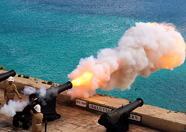 Cannon firing with smoke and fire