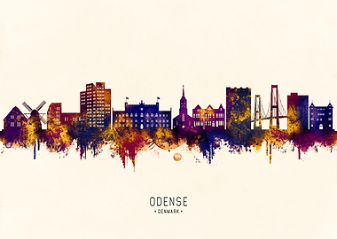 Odense, Denmark Skyline Watercolor