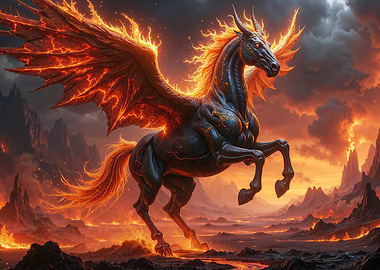 Fiery Winged Horse in Volcanic Landscape
