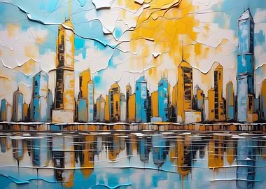 Abstract Cityscape Painting with Reflections