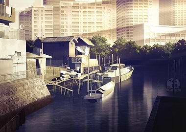 Japanese Waterfront Scene with Boats