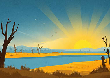 Desert Landscape with River and Sunrise