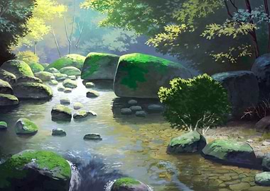 Serene Forest Stream with Mossy Rocks