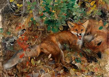 Foxes and Birds in Autumn Painting