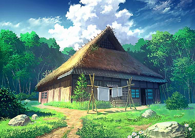 Anime Style Thatched Roof House Landscape