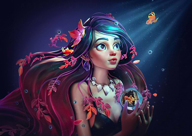 Stylized Girl with Fish and Flowers