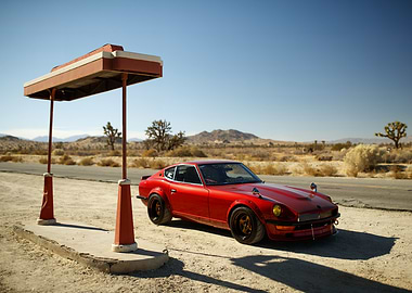 Red Datsun in Desert Landscape