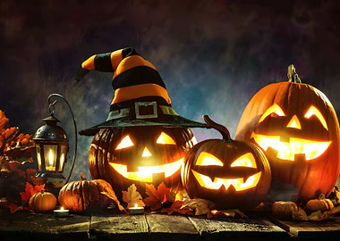 halloween pumpkins with witch hat and lantern