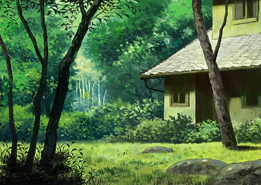 Anime-style house in a green forest