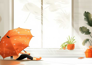 Girl with Orange Umbrella by Window