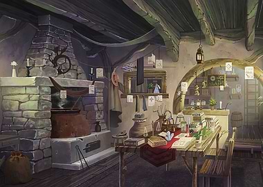 Cozy Alchemist's Workshop Interior Illustration