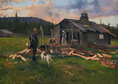 Rural Life Painting with Cabin and Figures