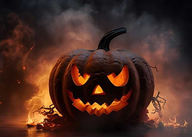 halloween pumpkin with fire and smoke