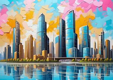 Colorful Cityscape Painting with Water Reflection