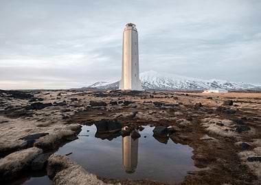 Lighthouse Reflection in Iceland Landscape