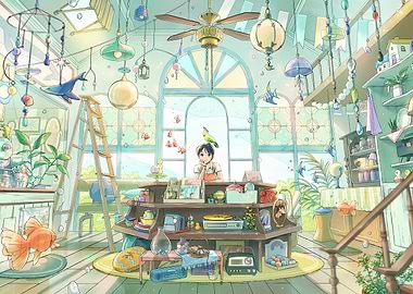 Dreamy Shop Interior with Girl and Parrot