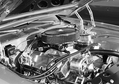 Classic Car Engine in Black and White