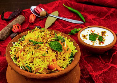Delicious Biryani with Raita on Red Cloth