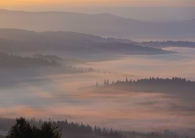 Misty Mountain Landscape at Sunrise, Beskid, Poland