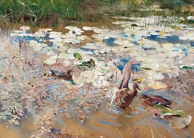 Ducks in a Lily Pond Painting